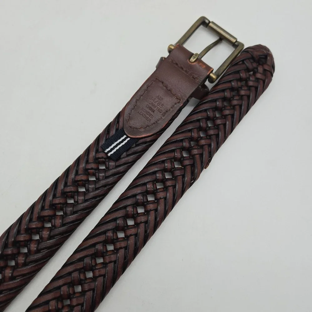 Nautica Braided Belt Brown Leather Mens 34 Bronze Buckle New